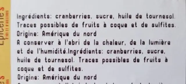 Cranberries ingredients label
