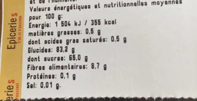 Cranberries sechees en moities ingredients label