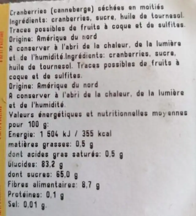 Cranberries nutrition facts table