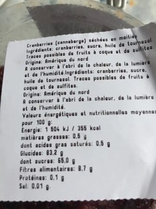 Cranberries sechees ingredients label