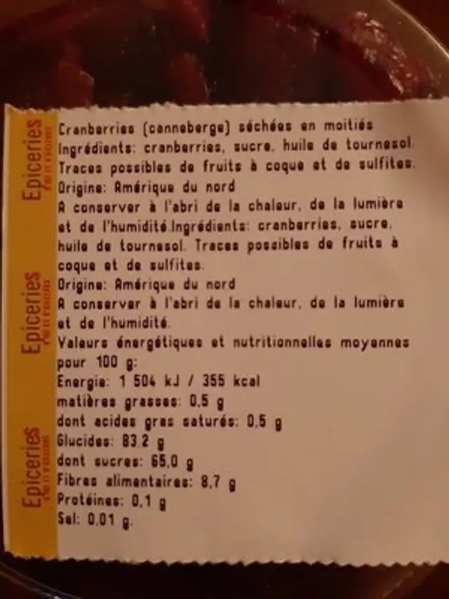 Cranberries ingredients label