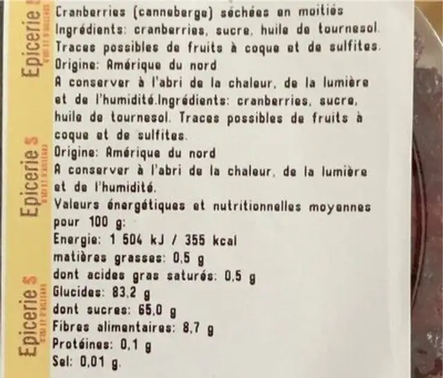 Cranberries nutrition facts table