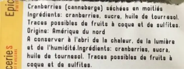 Cranberries séchées en moitiés ingredients label