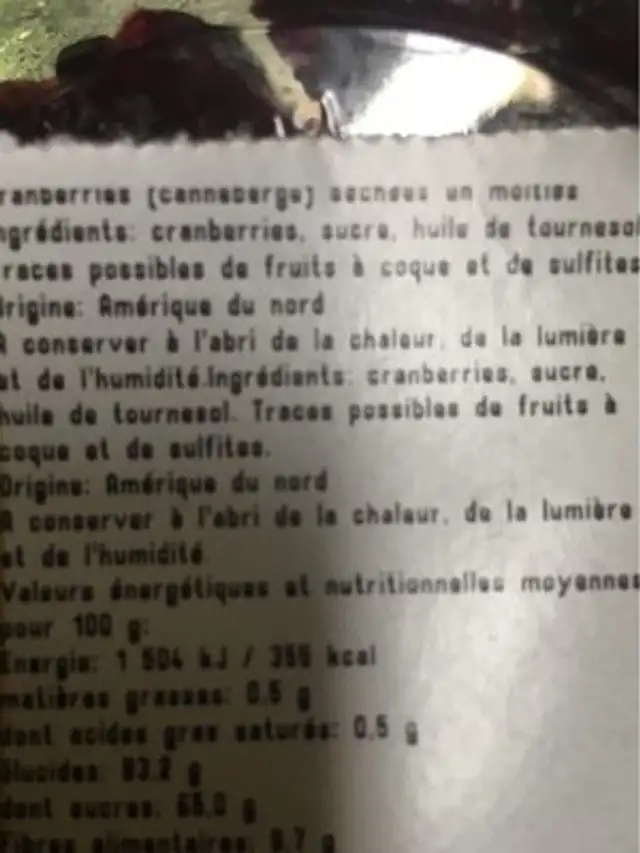 Cramberries sechees ingredients label