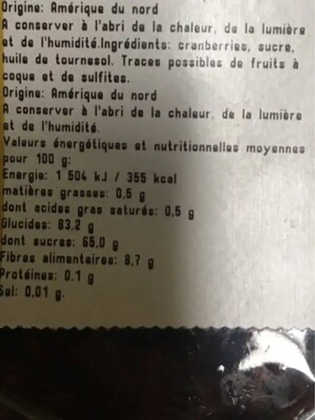 Cramberries sechees nutrition facts table