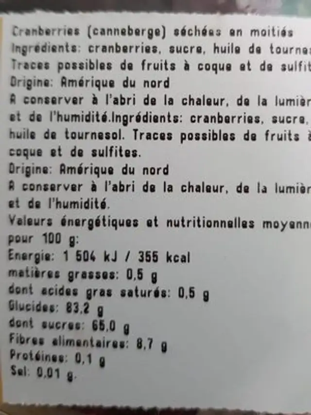 Cranberries séchées en moities ingredients label
