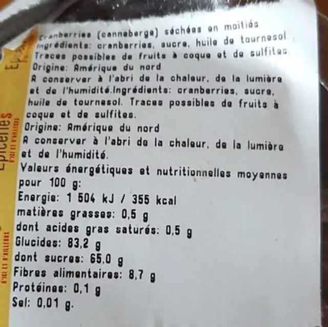 Cranberries séchées ingredients label
