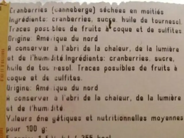Cranberries séchées ingredients label