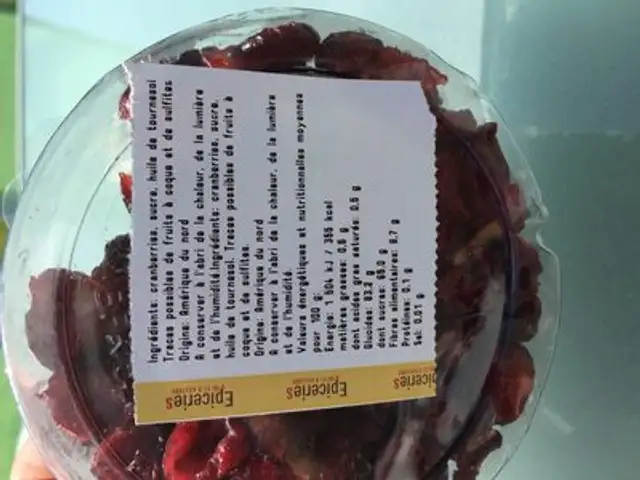 Cranberries séchées en moitiés ingredients label
