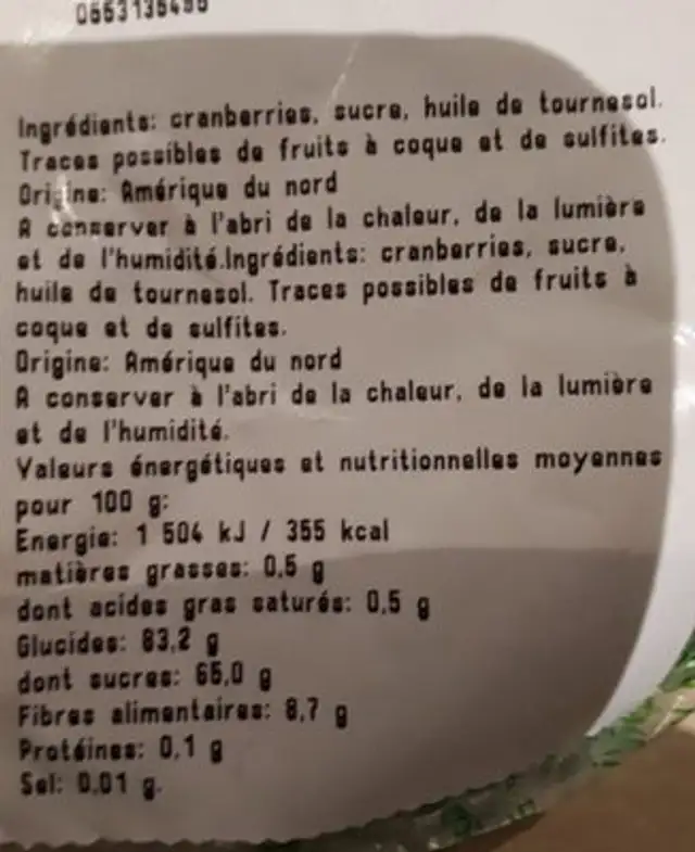 Cranberries séchées en moitiés ingredients label