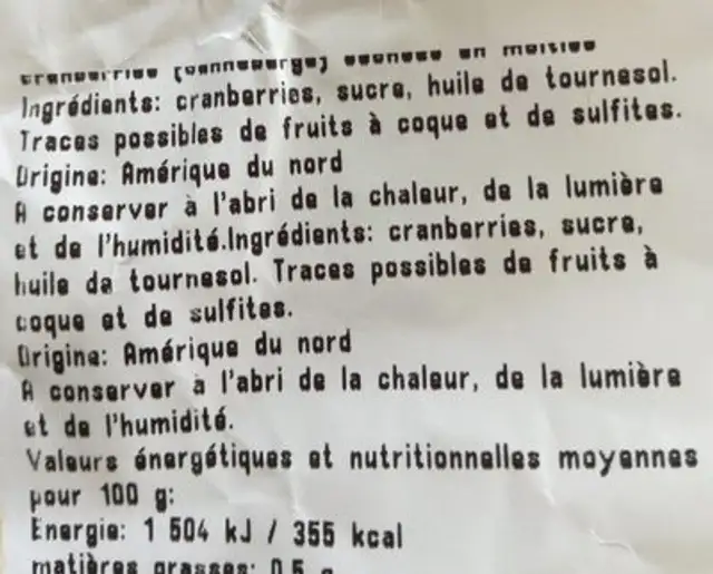 Cramberries séchées en moitiés ingredients label