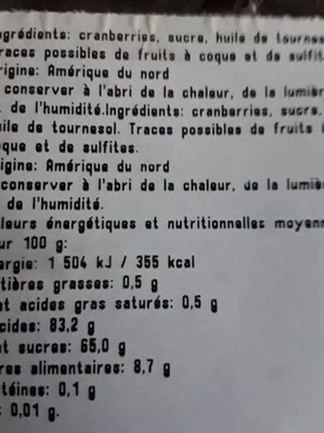 Cranberries séchées en moitiés ingredients label