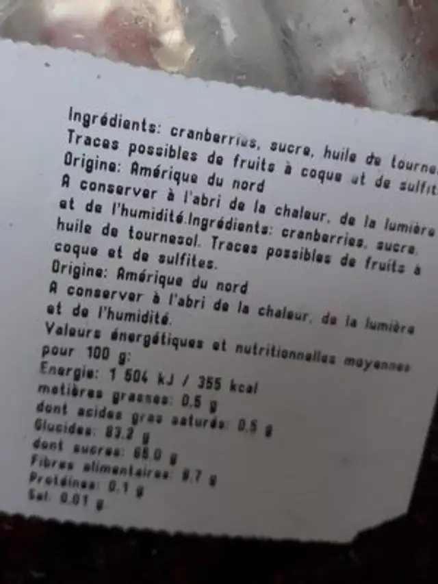 Cranberries sechees ingredients label