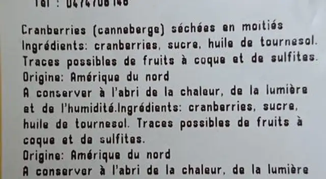 Cranberries séchées en moitiés ingredients label