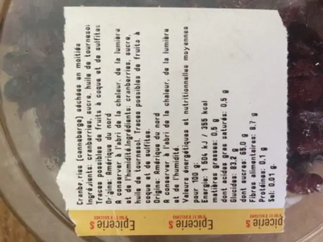 Cranberries séchées en moitié ingredients label