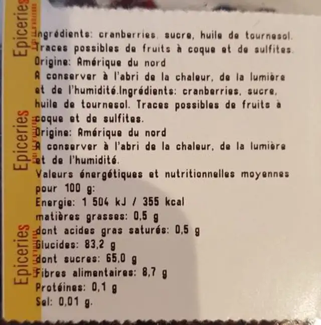 Cranberries séchées en moitiés ingredients label