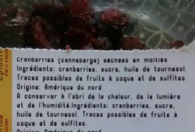 Cranberries séchées ingredients label