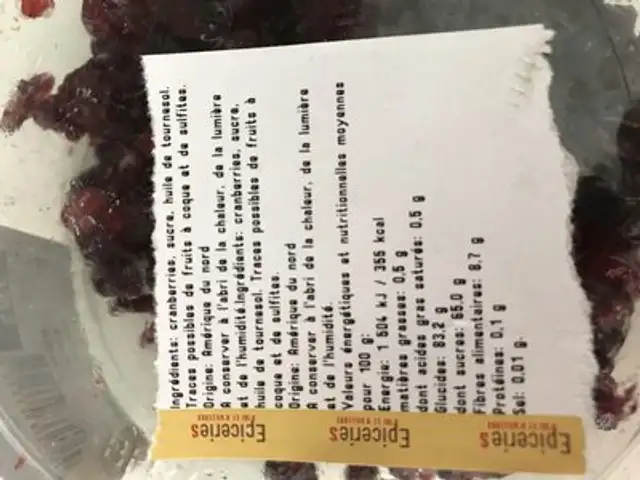 Cranberries ingredients label