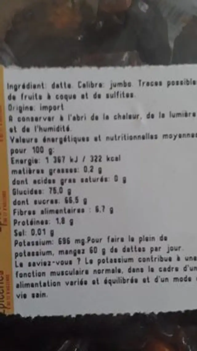 Datte Medjoul ingredients label