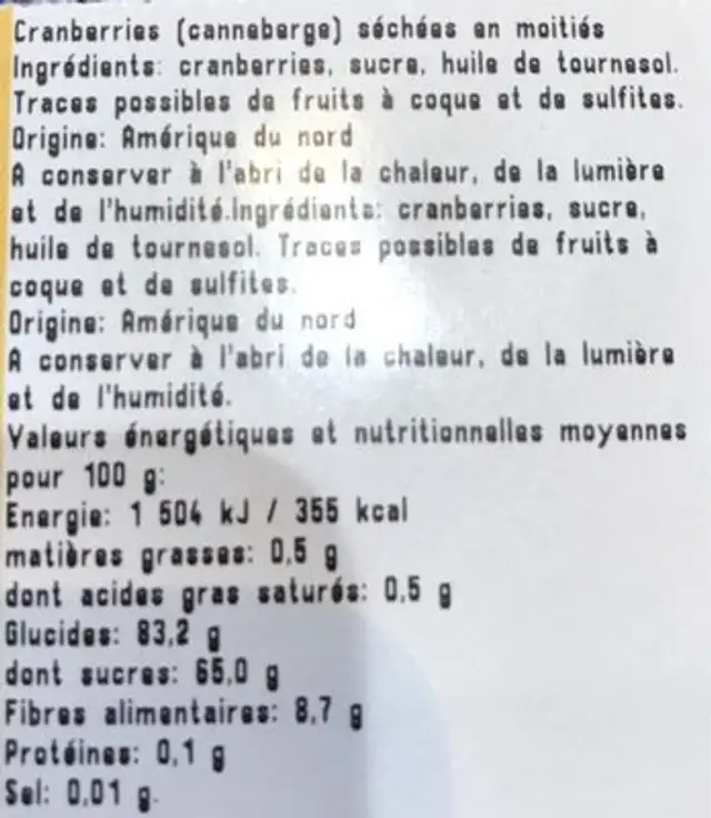 Cranberries ingredients label