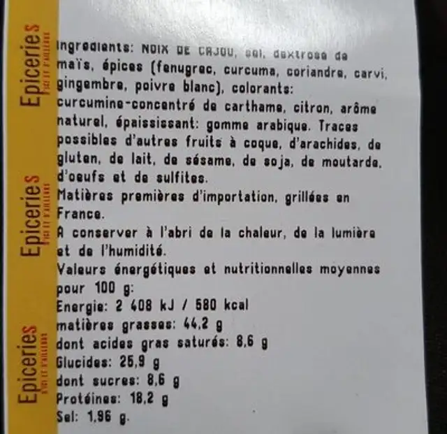 Noix de cajou grillées aromatisées curry ingredients label