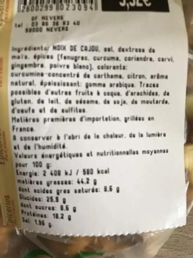 Noix de cajou grillees aromatisees curry ingredients label