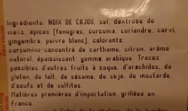 Noix de cajou grillées aromatisées curry ingredients label