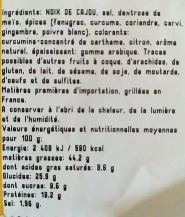Noix de cajou aromatisées curry ingredients label