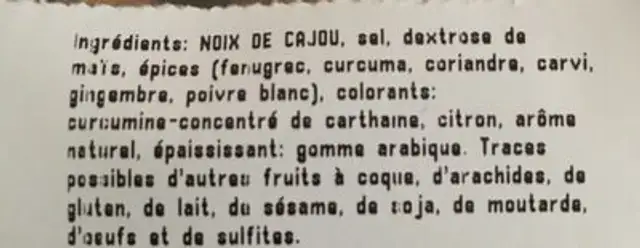 Noix de cajou grillees, aromatisees curry ingredients label