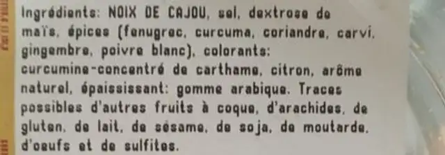 Noix de cajou au curry ingredients label