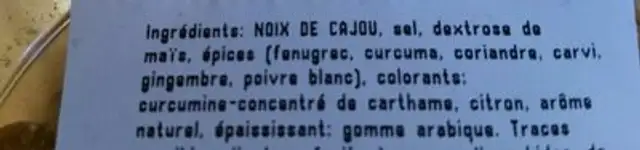 Noix de cajou grillées, aromatisées curry ingredients label