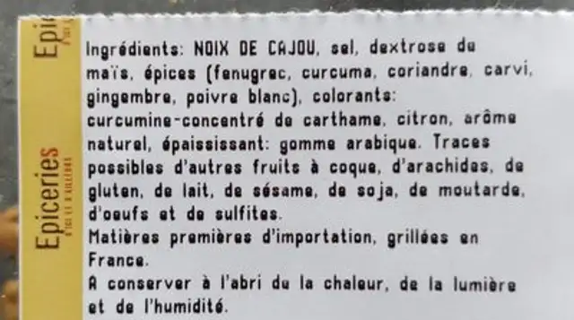 Noix de cajou grillées Curry ingredients label