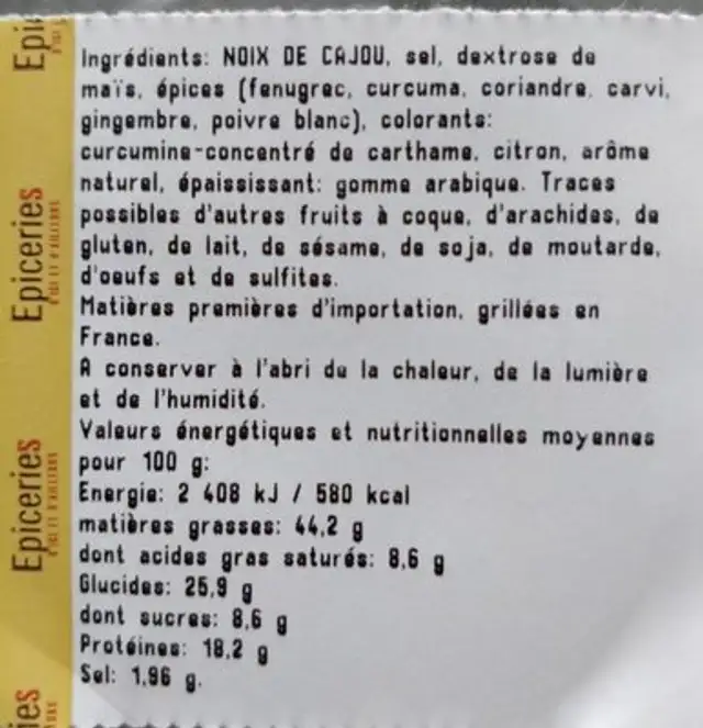 Noix de cajou grillées Curry nutrition facts table