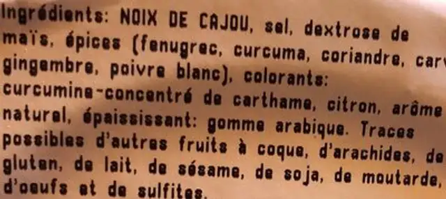 Noix de cajou grillees aromatisees curry ingredients label