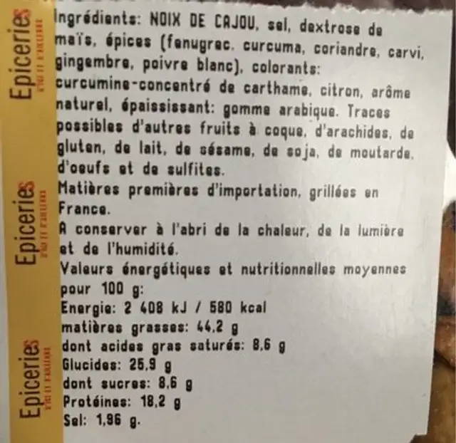 Noix de cajou grillées aromatisées curry ingredients label