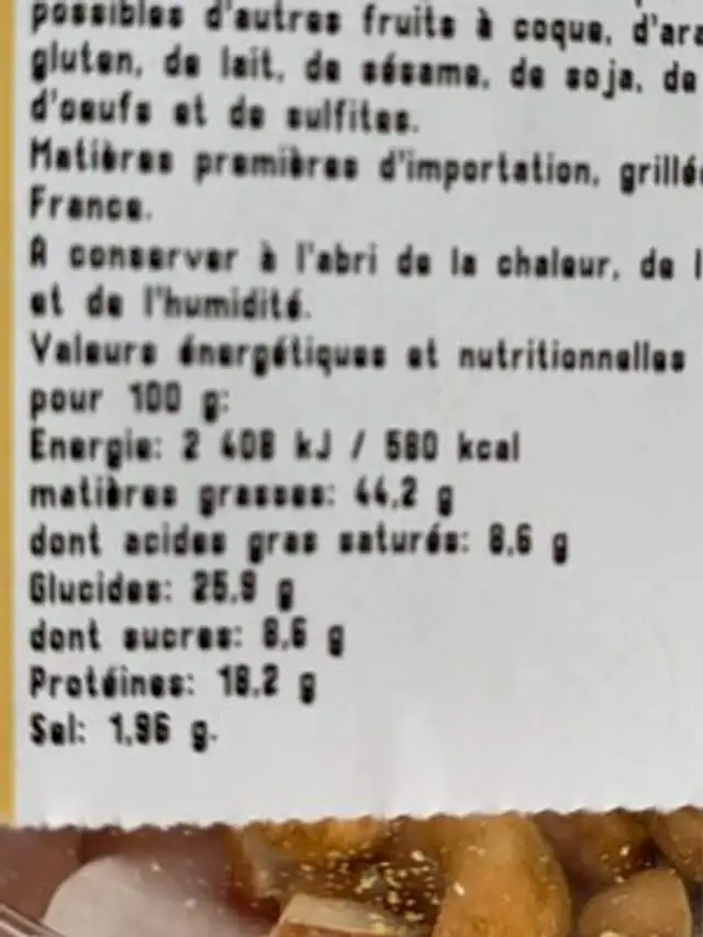 Noix de cajoux nutrition facts table