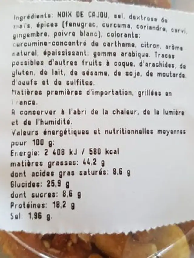 Noix de cajou grillées aromatisée curry ingredients label