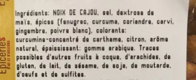 Noix de cajou ingredients label