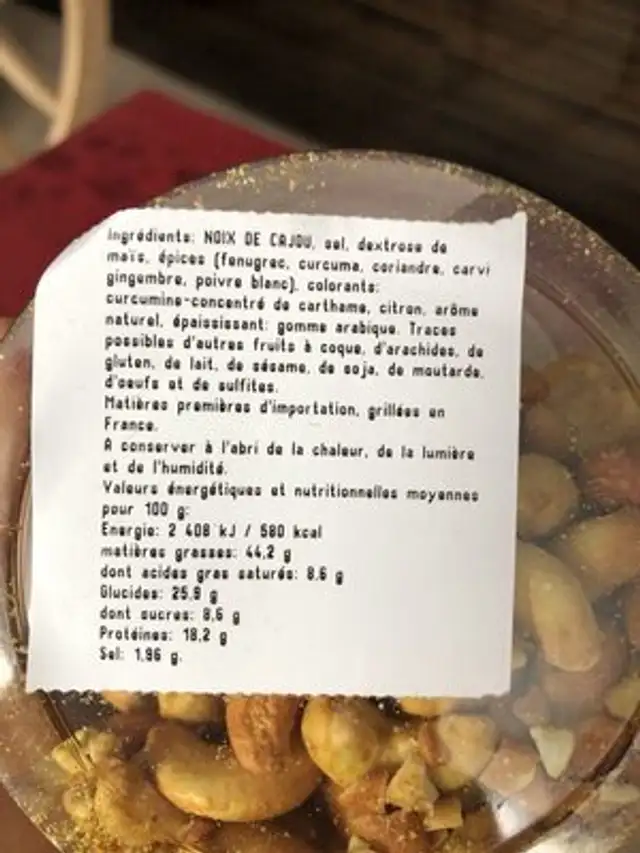 Noix de cajou au curry ingredients label