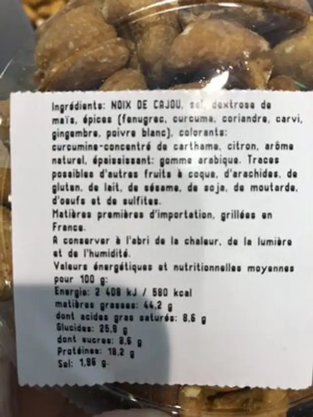 Noix de cajou grillées aromatisées curry ingredients label