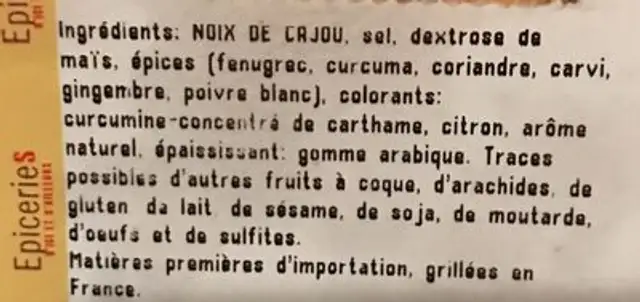 Noix de cajou grillés au curry ingredients label