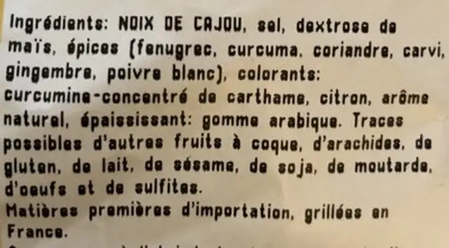 Noix de cajou grillées au curry ingredients label