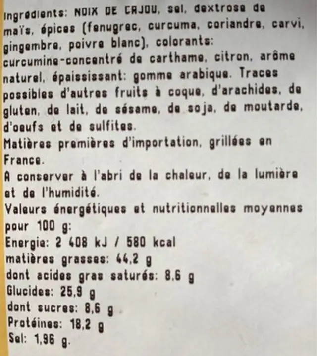 Noix de cajou curry nutrition facts table