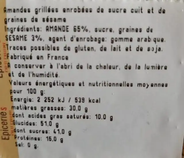 Amande sucrée sésame ingredients label