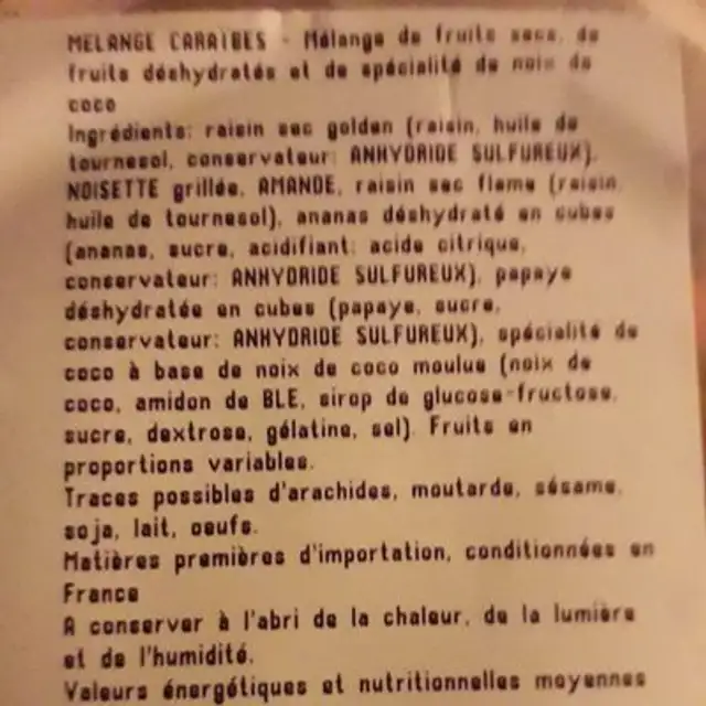 Mélange Caraïbes ingredients label
