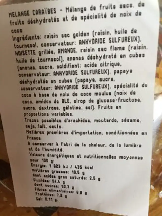 Melange caraibes ingredients label