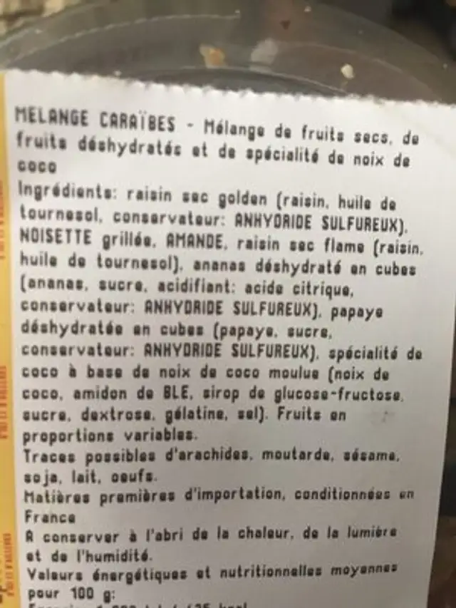 Melange caraibes ingredients label