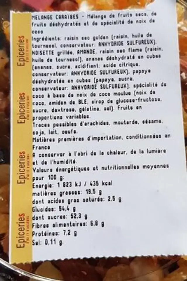 Melange Caraibes ingredients label