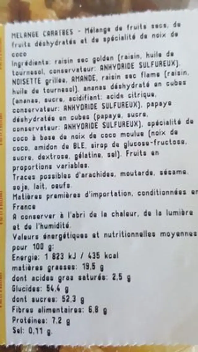 mélange Caraïbes ingredients label