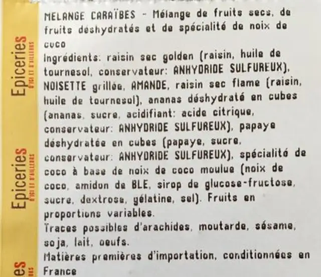 Melange Caraïbes ingredients label